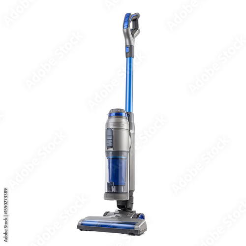 Cordless Vacuum Cleaner: A cordless vacuum cleaner stands tall, its sleek design and vibrant blue accents adding a touch of modern elegance to the cleaning appliance.