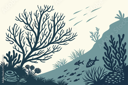 Seaweed and coral silhouettes. Underwater coral reef illustration in a hand drawn style. Illustration of marine aquarium plants.