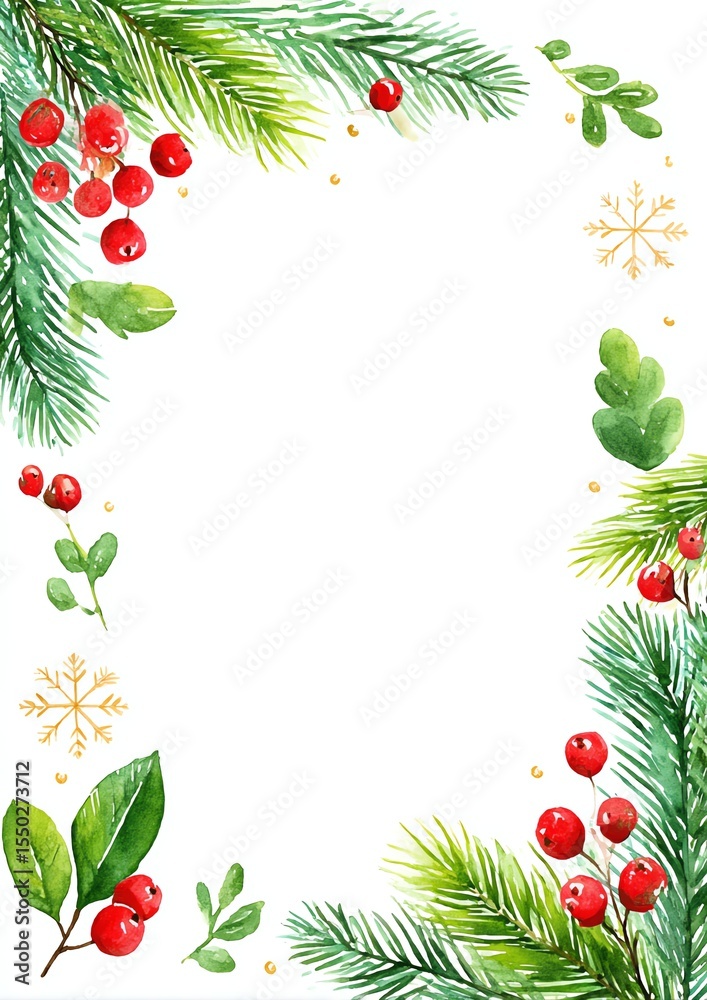 Fototapeta premium winter holiday frame with pine branches, snowflakes, holly berries and subtle sparkle, hand-painted watercolor style, empty center for festive text