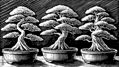 Bonsai trees with miniature form, curved branches, and textured roots in a ceramic pot, a black and white sketch vector hand drawn