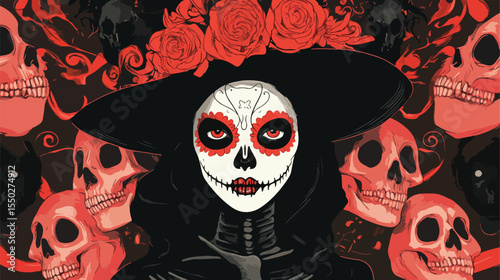 Dia de los Muertos Card with Catrina and Skull