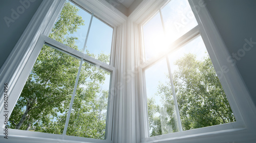 Bright sunlight illuminates trees outside energy efficient windows, showcasing eco friendly design and natural beauty