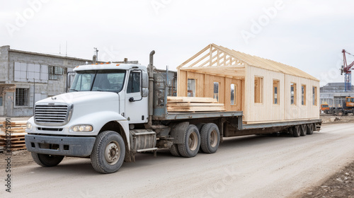 Flatbed truck carrying wooden prefab house module, driving through construction site, transporting modular building segment