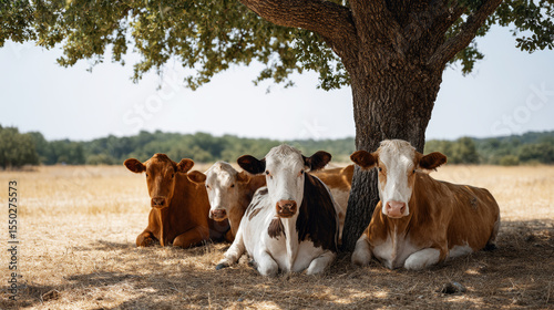 Dairy herd lounging beneath leafy canopy, seeking respite from intense summer sunlight across parched pastureland