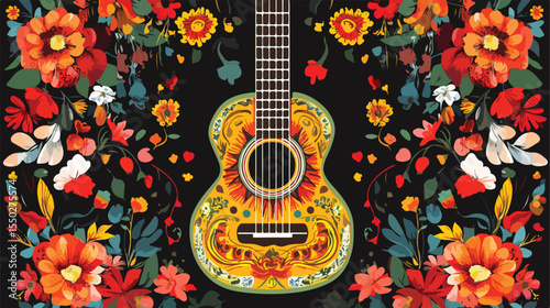 Day of the Dead Mexican Guitar Flat Vector Illustration