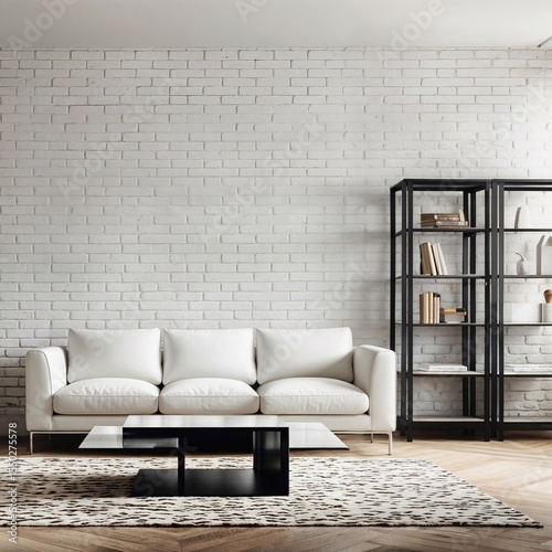 Modern white living room with minimalist furniture and brick wall background.