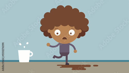 Dynamic Movement A character with curly hair is depicted midmotion flailing their arms as the coffee cup spills from their grasp. Brown liquid sprays around them with small