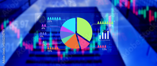 Market research and marketing analysis with Ai technology. customer surveys and statistics. analysts touch on pie charts and graphs, financial growth graph chart report, Business planning