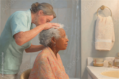 Woman taking care of an elderly African American woman inside a bathroom near a sink