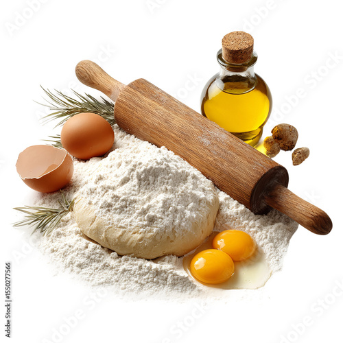 Crafting Culinary Delights: An inviting, high-angle shot showcases essential baking ingredients – flour, eggs, olive oil, and a rolling pin – arranged with artistic precision, set against an unseen.