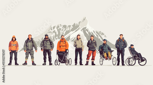 Inclusive and Diverse Group of Ten Persons with Disabilities Flat Vector Illustration