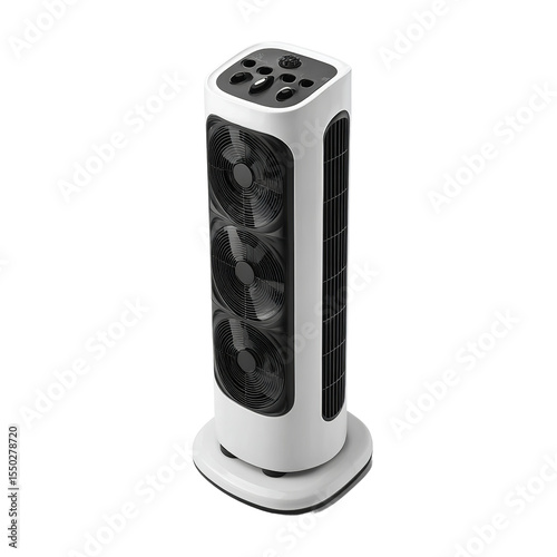 Tower Fan: A sleek, modern tower fan with three visible fan blades, offering efficient and quiet cooling.  The device stands on a broad, square base.