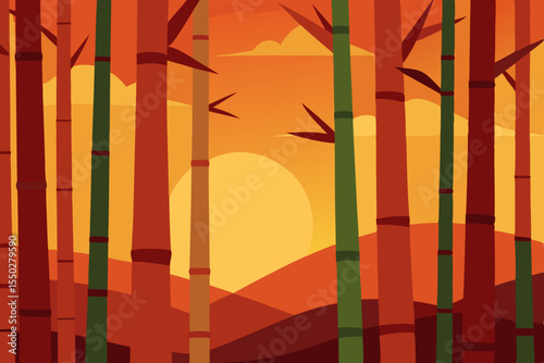 Vibrant green bamboo stalks form a serene forest pattern at sunset, illustrating a peaceful Asian nature landscape