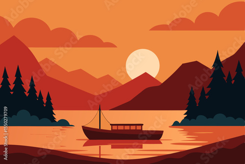 Sunset over a mountain lake, with a lone boat silhouetted against the orange sky and natural landscape
