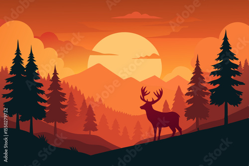 Wild deer and horse silhouettes roam a mountain sunset landscape