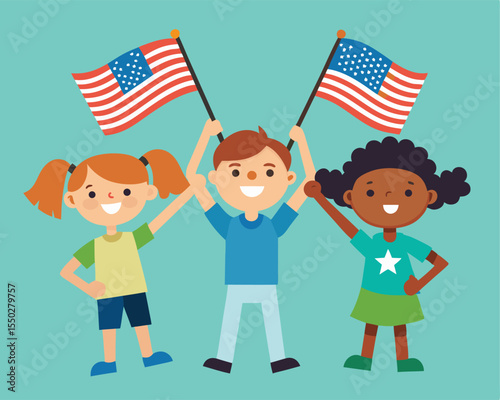 Kids Holding USA Flags, Patriotic Children Vector Design