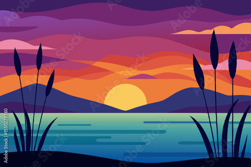 Tropical sunset landscape over ocean with palm trees, distant mountains, and a lone boat on the horizon