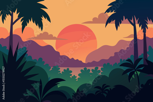 Golden sunset paints a tropical beach with palm tree silhouettes against the ocean sky, an idyllic summer vacation landscape