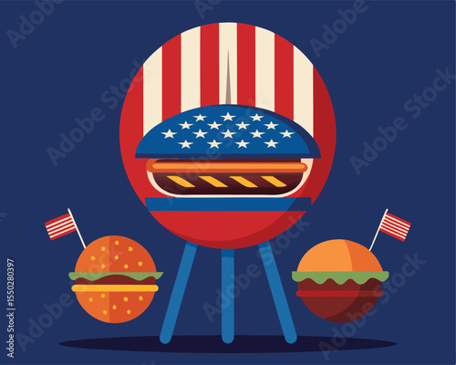 Patriotic BBQ Grill with Burgers, Independence Day Picnic Illustration