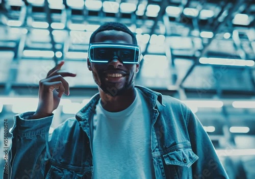 Man in vr glasses interacting with virtual reality interface, futuristic concept.