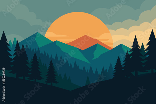 Majestic Mountain Sunset A Serene Landscape Illustration