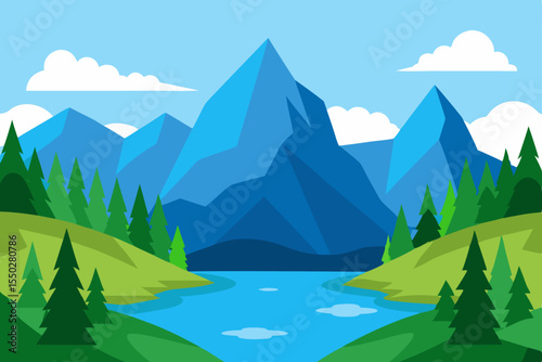 Majestic Mountain Landscape Serene River Valley & Blue Peaks