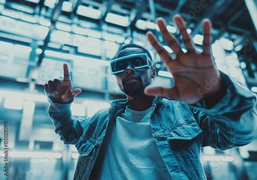 Man with augmented reality glasses interacting in virtual futuristic environment.