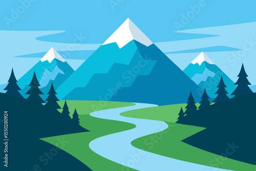 Serene Mountain River Landscape A Stunning Vista of Peaks and Winding Waterways