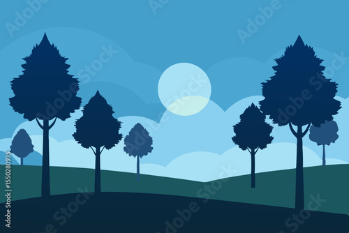 Serene Night Landscape Silhouetted Trees Under a Tranquil Moon