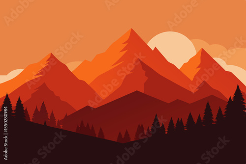 Majestic Sunset Mountain Range Fiery Hues and Silhouette Peaks