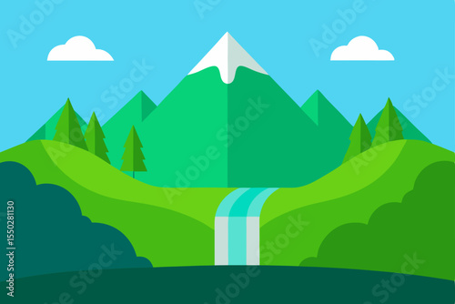 Serene Mountain Landscape Waterfall, Green Hills, and Snowy Peaks