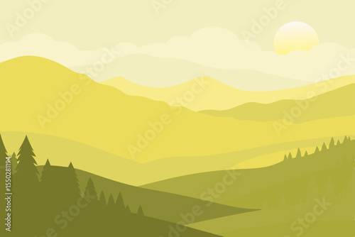 Serene Sunset Landscape Golden Hour Mountain View Illustration