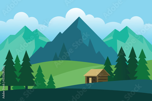 Serene Mountain Cabin A Picturesque Landscape Illustration