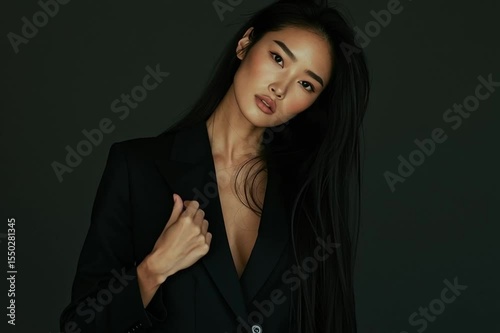 Elegant asian woman in black suit posing confidently. Fashion, beauty and style concept.