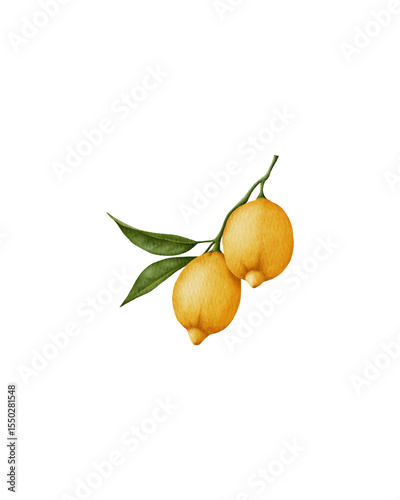 watercolor illustration of two fresh, bright lemons with green leaves. Perfect for summer and tropical designs, stationery, kitchen decor, wedding invitations, packaging, and botanical-themed projects
