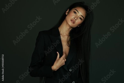Asian woman in black blazer posing. Fashion portrait of a stylish businesswoman. Studio shot.