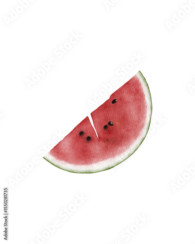 Fresh and juicy watercolor illustration of a watermelon slice. Perfect for summer designs, tropical projects, stationery, party invitations, kitchen decor, packaging, and more. A colorful fruit 