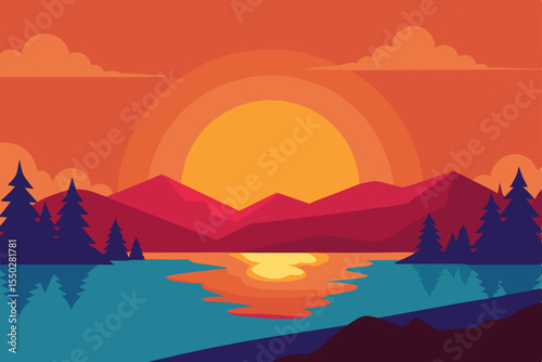 Vibrant Sunset Landscape Mountains, Lake, and Silhouette Trees