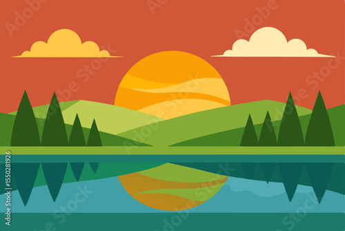 Serene Sunset Landscape Picturesque Hills, Calm Lake Reflection