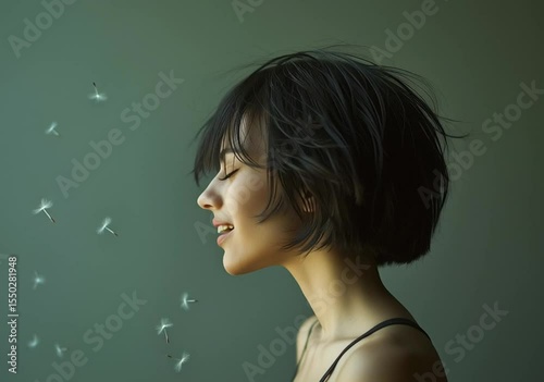Woman blowing dandelion seeds. Portrait of a young woman with closed eyes and flying seeds.