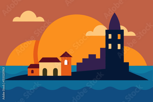 Sunset Coastal Town Island Silhouette at Golden Hour