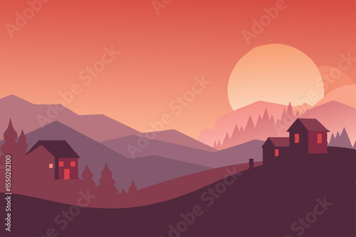 Sunset and sunrise over beautiful mountain landscapes, with orange and red skies, silhouetted hills, and light clouds