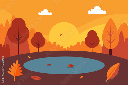 Autumn landscape vector illustration featuring trees with colorful leaves under a vibrant sky