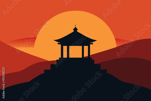 Orange sunset sky silhouettes an Asian temple landscape