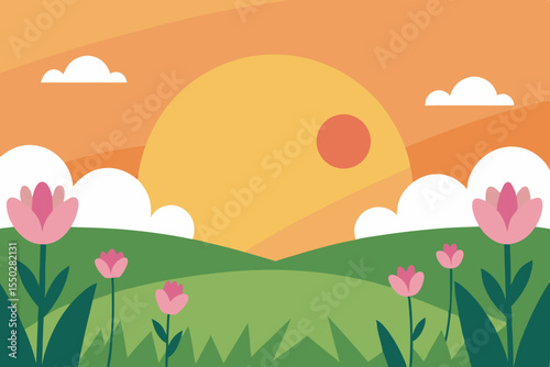 Pastoral spring landscape with colorful Easter eggs nestled in green grass, under a bright sky with flowering trees and birds