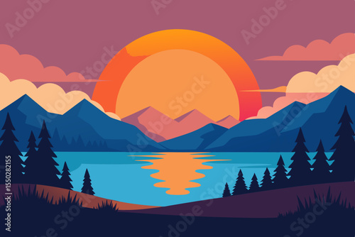 Golden sun descends over rugged mountain landscape, painting the sky with hues of dawn and mist-kissed clouds