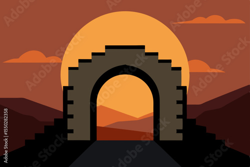 Silhouette of the ancient Arch of Triumph against a vibrant sunset sky, highlighting the majestic architecture and city skyline