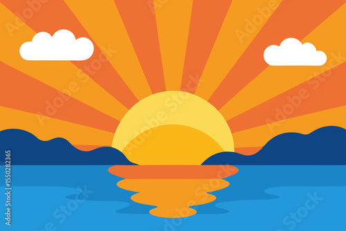 An orange and red sunset paints the sky over the tranquil sea, its warm reflection shimmering on the water's surface