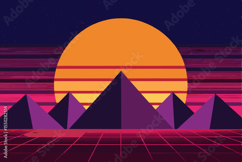 Night travel illustration of Egyptian Giza pyramids in the desert landscape with a sunset sky
