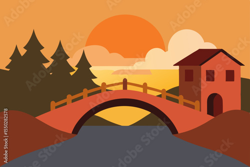 Vector illustration of a city bridge over a river at sunset, with a vibrant orange sky, distant mountains, and trees